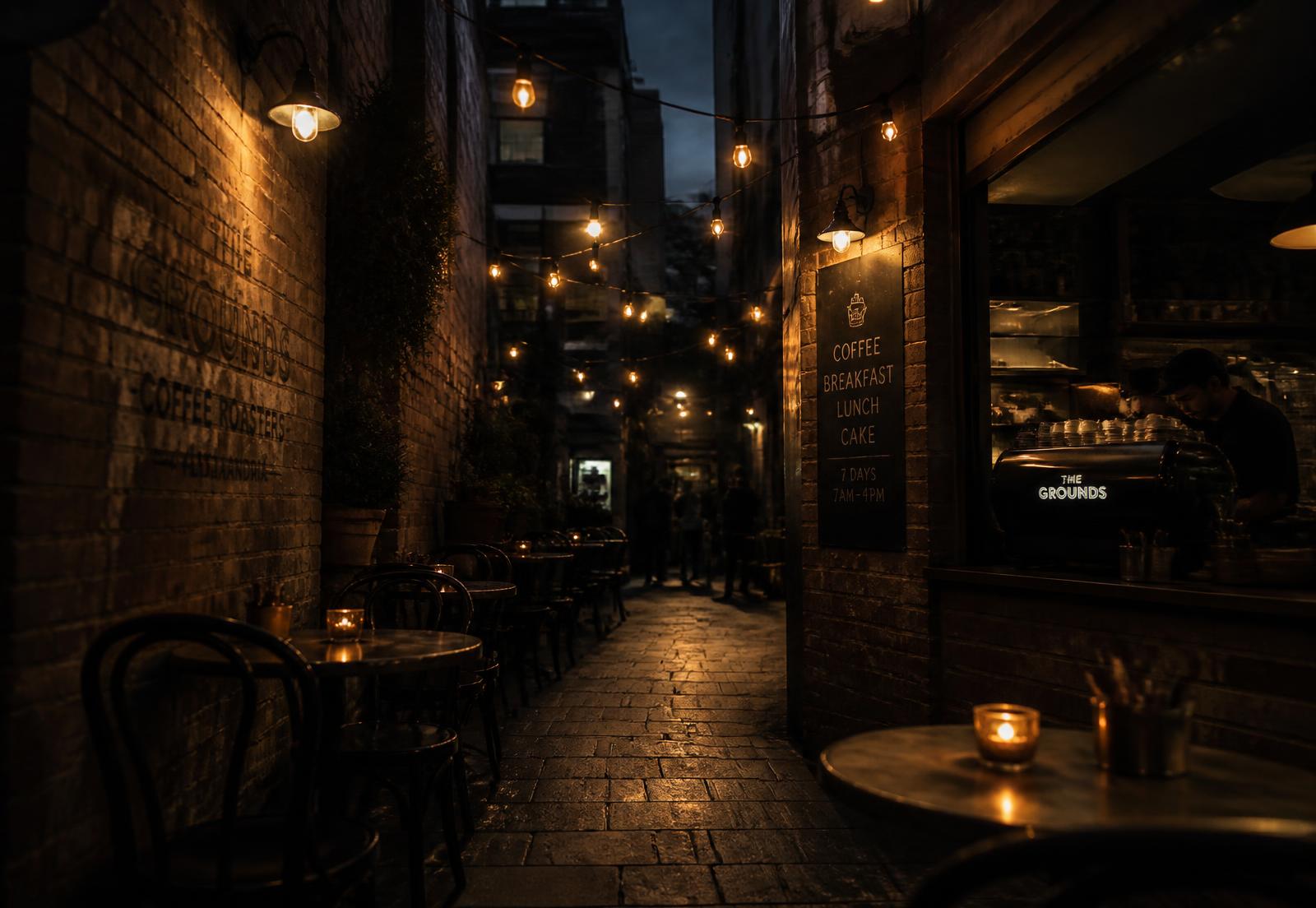Warm string lights over the cobbled laneway seating at Marlowe's Way in Sydney