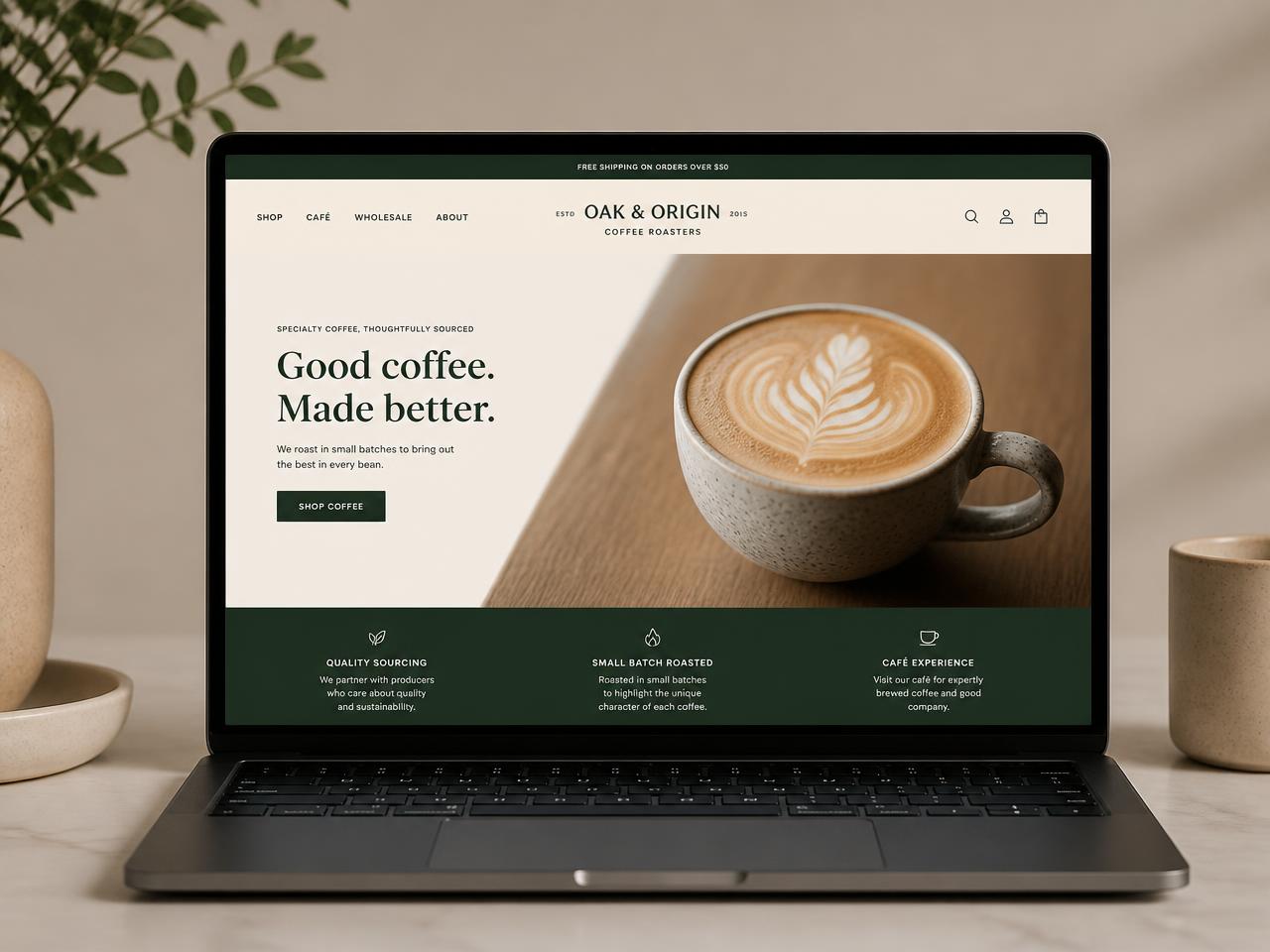 Oak & Origin — Specialty coffee roaster website designed by AC's Web Design